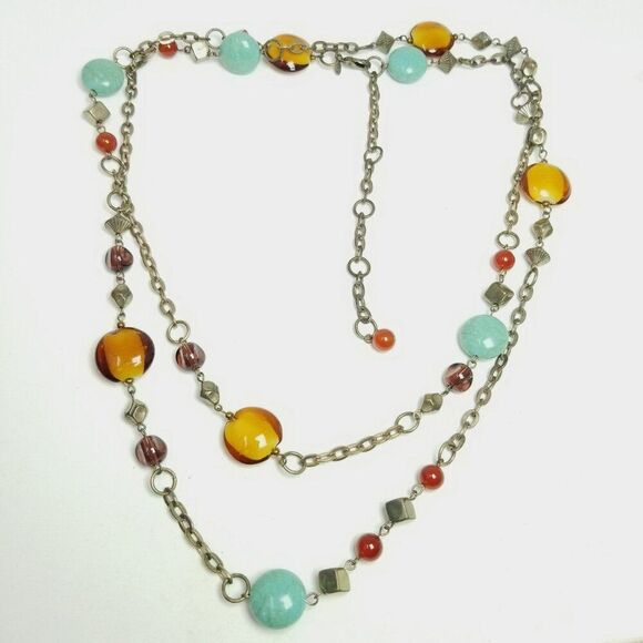 Vintage Premier Designs Long Blue Orange Beaded Chain Necklace, Adjustable Clasp - Picture 1 of 6
